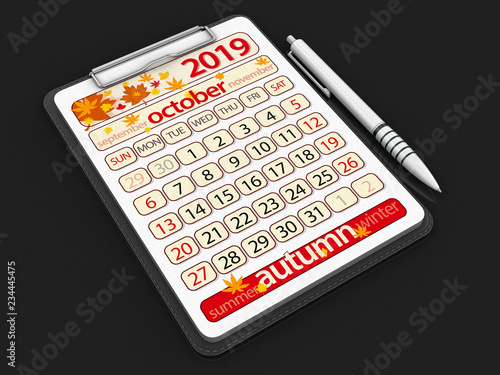 Clipboard with October 2019. Image with clipping path