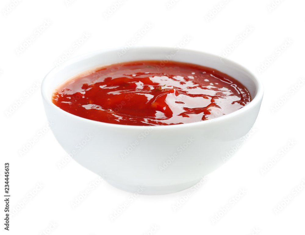 Tasty tomato sauce in bowl on white background Tasty tomato sauce in bowl on white background