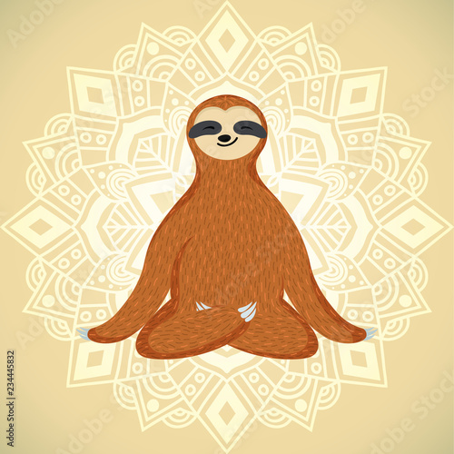 Vector funny sloth sitting in yoga lotus pose and relaxing. Cute sloth yoga. Adorable cartoon animal illustration. White geometric mandala as background