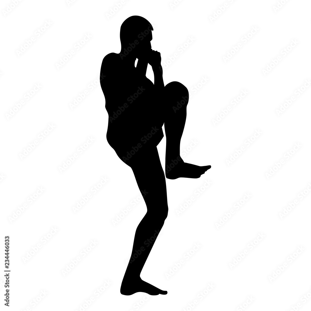 Fighter in fighting stancewith raised leg Man doing exercises Sport action male Workout silhouette side view icon black color Fighter in fighting stancewith raised leg Man doing exercises Sport action male Workout silhouette side view icon black color