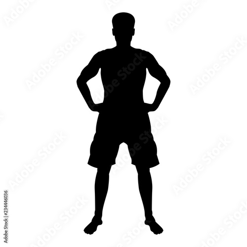 Man holding hands on belt confidence concept silhouette serious master of the situation front view icon black color illustration