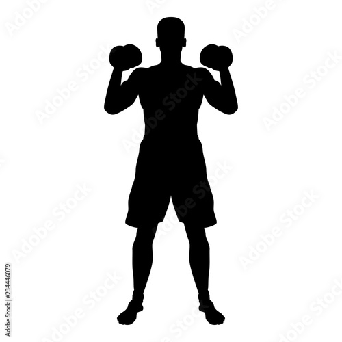 Man doing exercises with dumbbells Sport action male Workout silhouette front view icon black color illustration