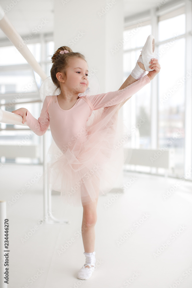 Little ballerina girl in a pink tutu. Adorable child dancing classical  ballet in a white studio. Children dance. Kids performing. Young gifted  dancer in a class. Preschool kid taking art lessons Photos