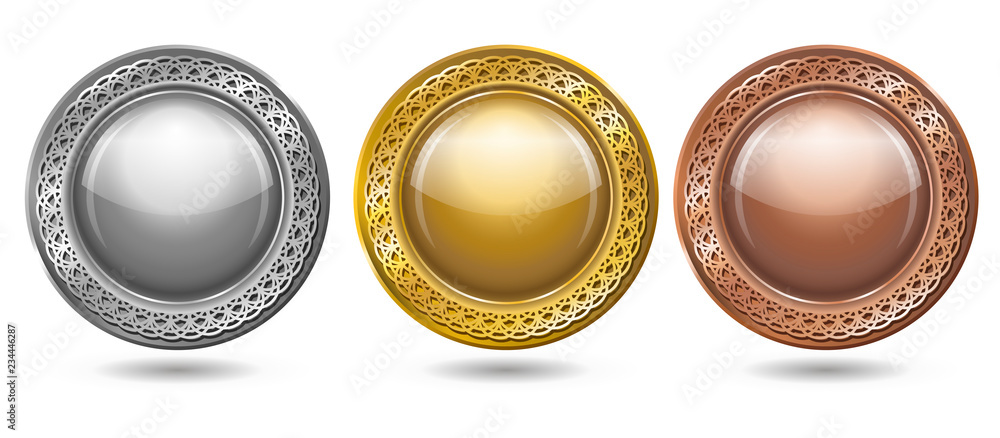 Set of silver, gold and bronze insignias. Badges collection. Label template on white background. Blank medals set. Blank of coins. Vector illustration Set of silver, gold and bronze insignias. Badges collection. Label template on white background. Blank medals set. Blank of coins. Vector illustration