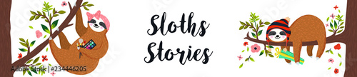 Horizontal banner with two cute sloths hanging on the tree. First female sloth wearing headband and holding cosmetics. Second hipster baby sloth sleeping and holding gift box. Vector illustration