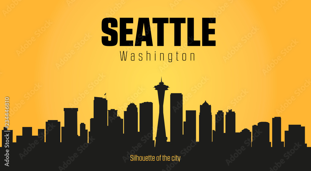 Seattle Washington city silhouette and yellow background