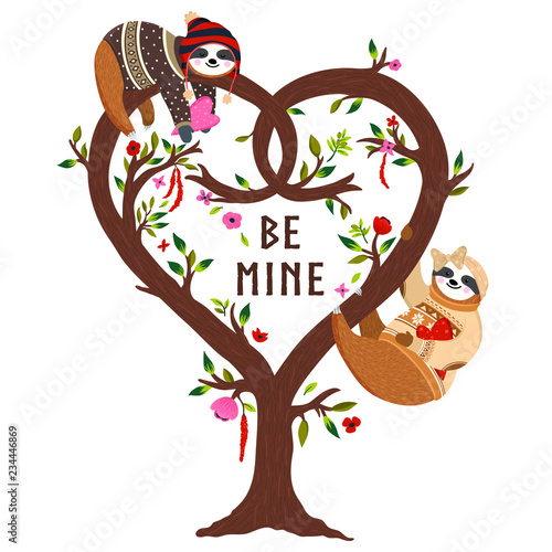 Vector funny sloths on the heart shaped tree. Cute sloths, flowers set. Valentines day happy couple sloths hanging on the love tree. Be mine design for greeting card, poster, banner, background