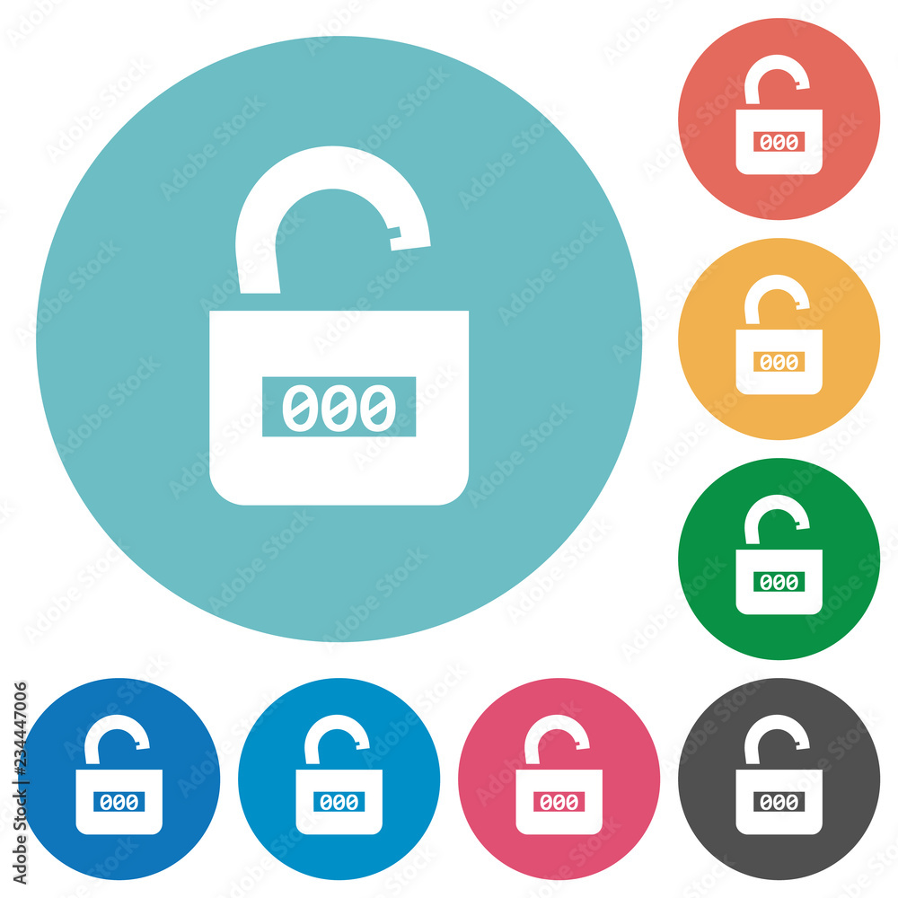 Unlocked combination lock with center numbers flat round icons Unlocked combination lock with center numbers flat round icons