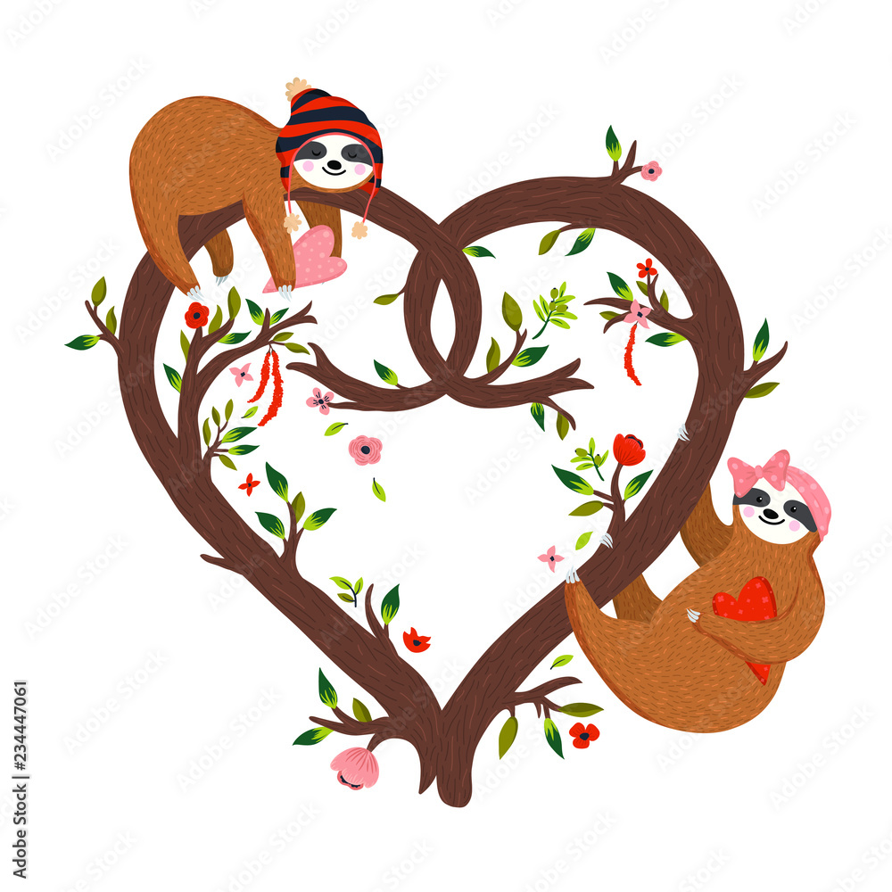 Vector funny sloths on the heart shaped tree. Cute sloth, flowers, branch  collection. Adorable cartoon animals design. Happy couple sloths hanging on  the love tree and holding hearts Stock Vector | Adobe