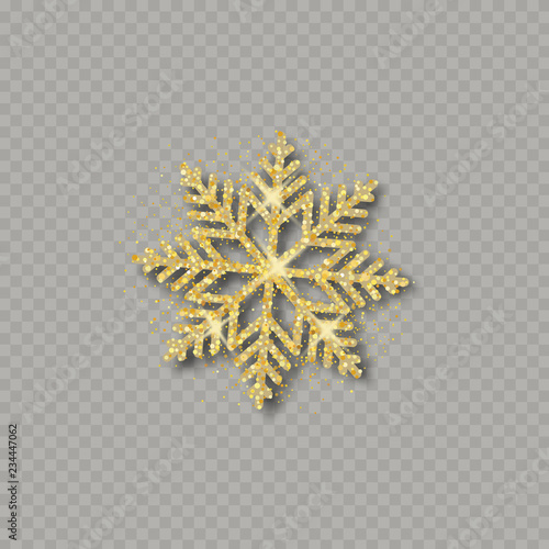 Gold glitter snowflake with shadow on transparent background. Christmas vector illustration. Shine design element for cards, invitations, posters and banners 