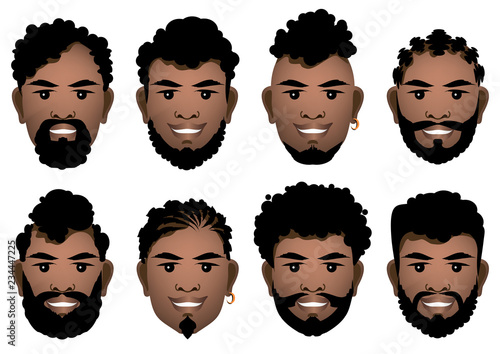 Set of smiling black men's faces with different hairstyles, beards and mustache .  Vector illustration.