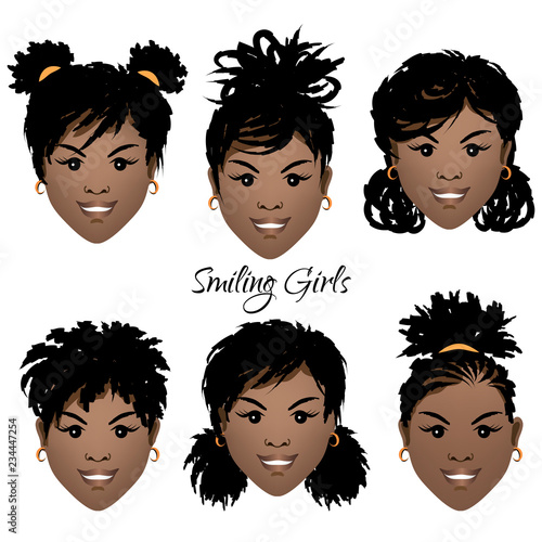 Set of faces of smiling black girls with  dreadlocks and different hairstyles. Vector illustration.