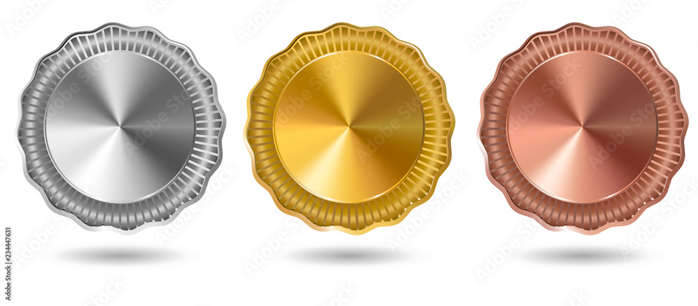 Set of gold, silver and bronze award elegant medals on white background. Badges collection. Blank medals set. Blank of coins. Vector illustration.