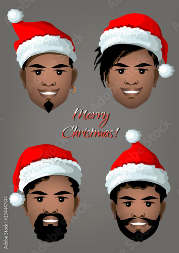Set of smiling black men's faces with Christmas Santa hats and different hairstyles,beards and mustache .  Vector illustration.