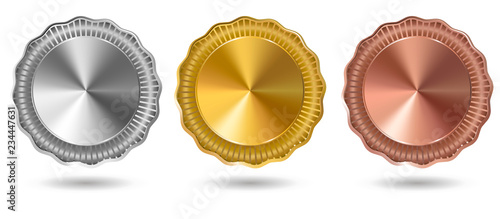 Set of gold, silver and bronze award elegant medals on white background. Badges collection. Blank medals set. Blank of coins. Vector illustration.