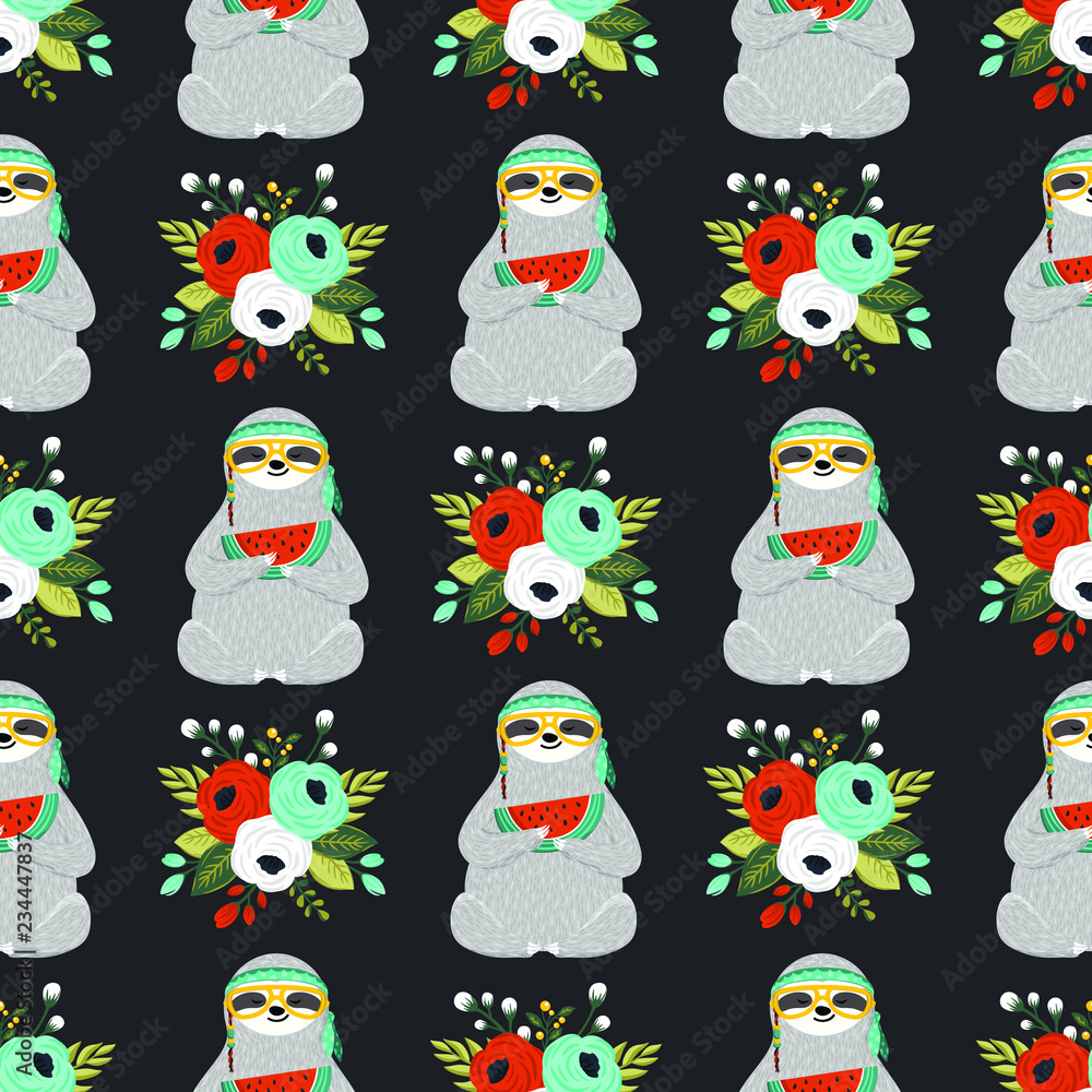 Seamless pattern with cute baby sloth and flowers. Funny hippie sloth holding watermelon slice. Repeating print with adorable hipster animal, roses, leaves and other floral elements. Vector Seamless pattern with cute baby sloth and flowers. Funny hippie sloth holding watermelon slice. Repeating print with adorable hipster animal, roses, leaves and other floral elements. Vector