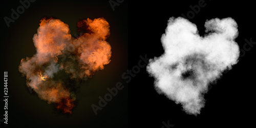 Large explosion with black smoke in dark plus alpha channel. Top view. 3d rendering