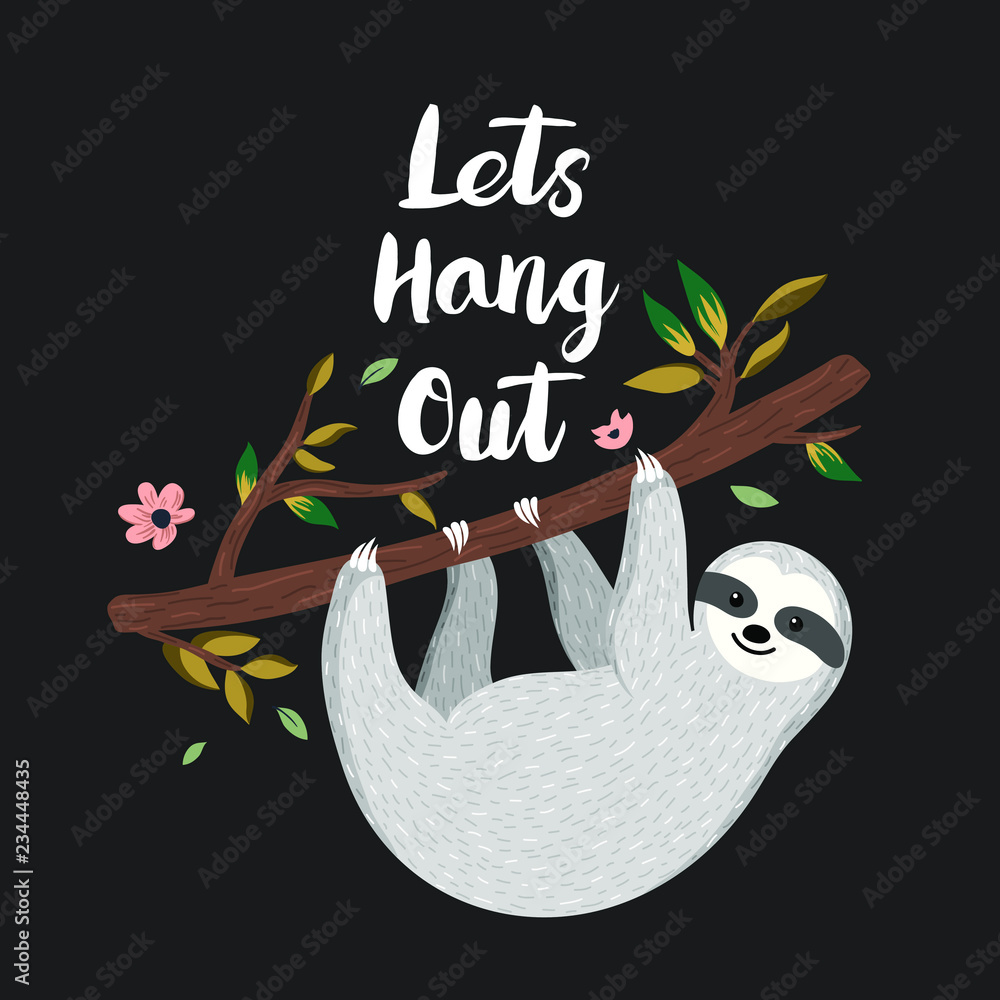Lets hang out. Cute baby sloth hanging on the tree. Adorable cartoon animal  illustration. Vector Stock Vector | Adobe Stock