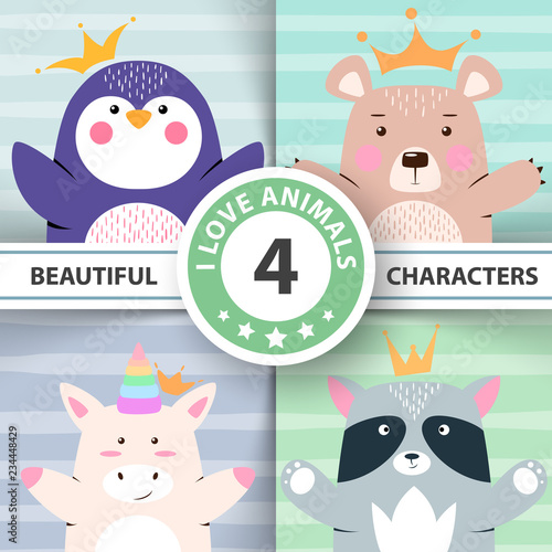 Cartoon set animals - penguin, bear, unicorn, raccoon.