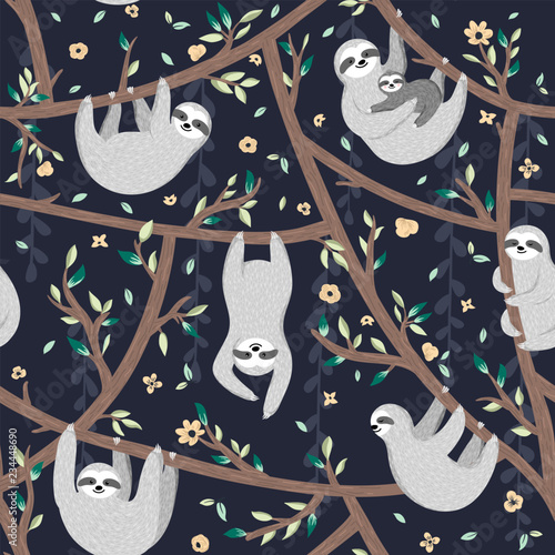 Seamless pattern with cute baby sloths hanging on the tree. Hand drawn adorable animal background in the childish style. Vector rainforest set of funny sloths, flowers, leaves