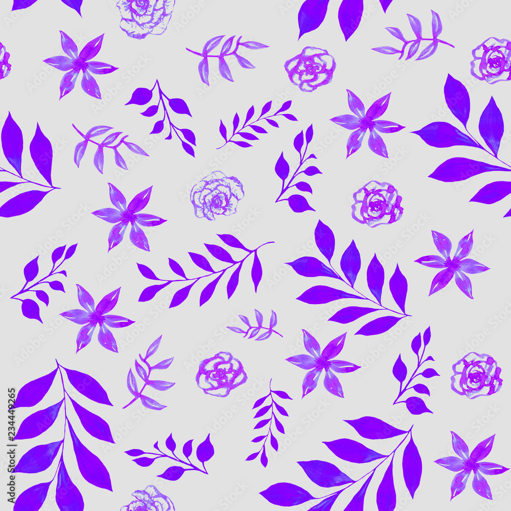Fototapeta premium violet flowers and leaves painted on a dark gray color
