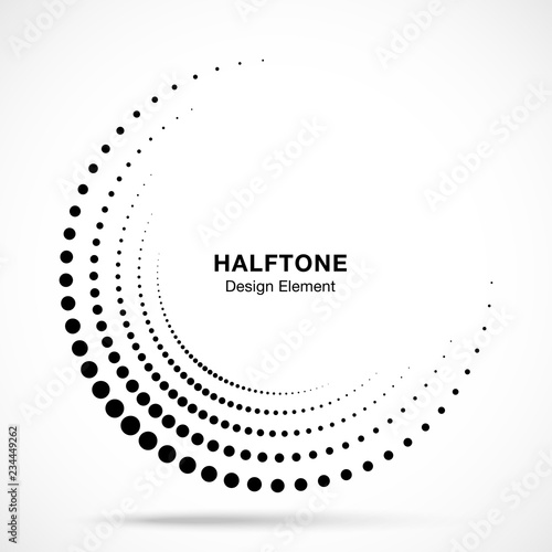 Halftone incomplete circle frame dots logo isolated on white background. Circular part design element for treatment, technology. Half round border Icon using halftone circle dots texture. Vector