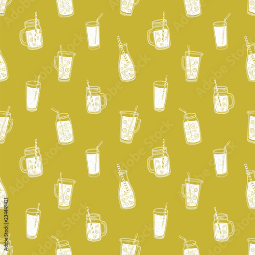 Monochrome seamless pattern with summer soft drinks, tasty juices or smoothie...