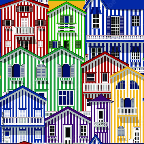 Vector seamless pattern with flat style houses. Colorful repeating background with striped buildings. City or town texture photo