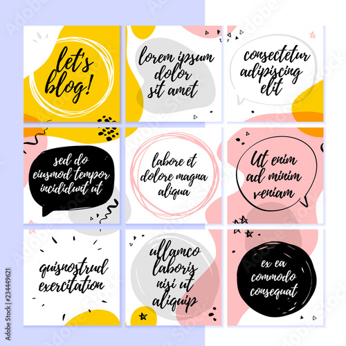 Vector template for social networks trendy blog layout with abstract modern pattern and elements and text spaces - speech bubbles, frames. Hand drawn sketch style. Abstract UI design for mobile app.