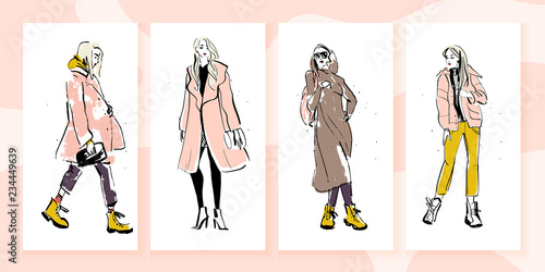 Vector fashion illustration of modern young girl models in spring autumn cloth collection isolated on white background. Hand drawn lady in sketch style. Perfect for banners, advertising, flayers etc.