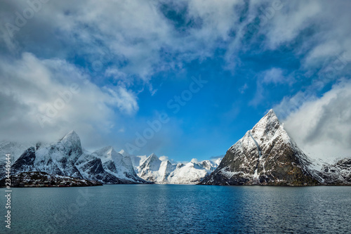 Norwegian fjord and mountains in winter. Lofoten islands  Norway