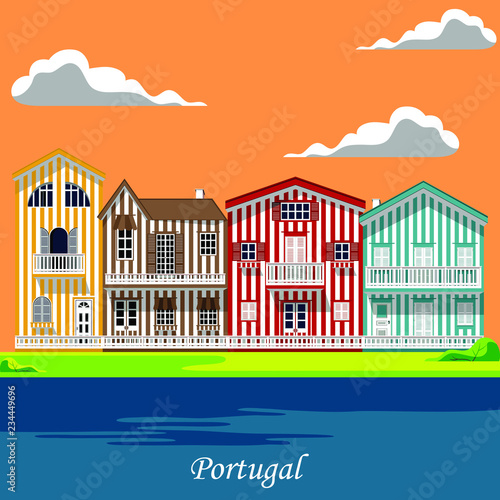Colorful flat cartoon style houses. Cool background with striped buildings. Vector travel illustration
