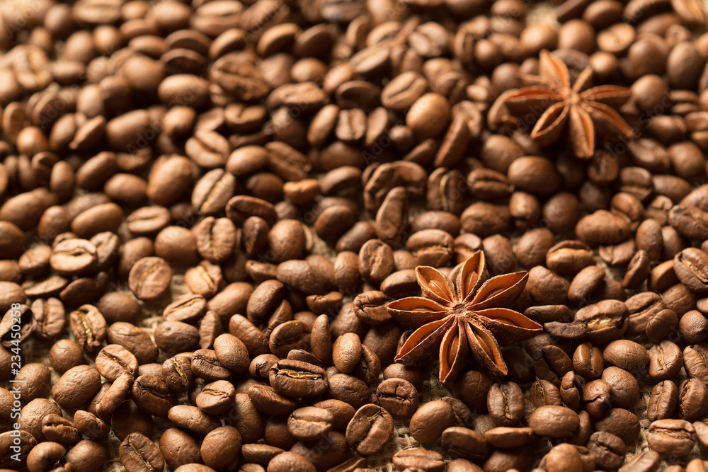 Brown ingredients macro: anise star, cinnamon sticks and coffee beans. Top view Brown ingredients macro: anise star, cinnamon sticks and coffee beans. Top view