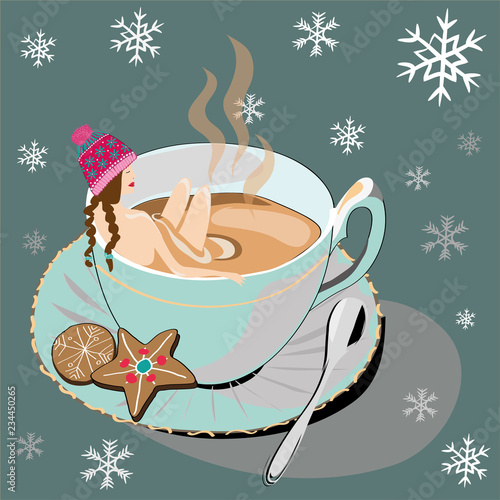 Woman and winter tea. Vector illustration of woman with winter hat bathing in winter tea with christmas cookies and snowflakesl on dark green background