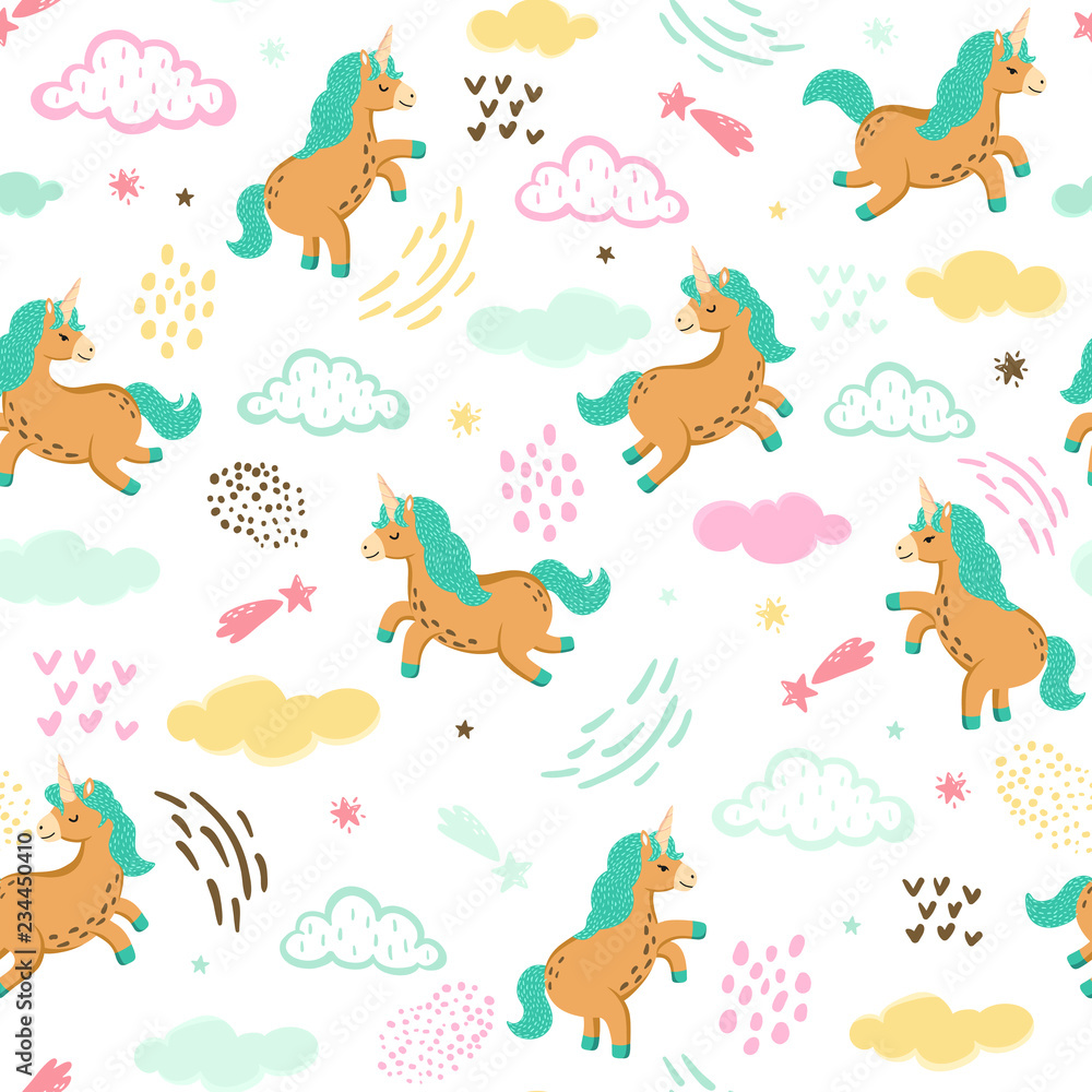 Obraz premium Seamless pattern with cute brown unicorns, clouds, stars and other hand drawn elements. Magic background with little unicorns jumping in the sky. Adorable wallpaper in the childish style. Vector
