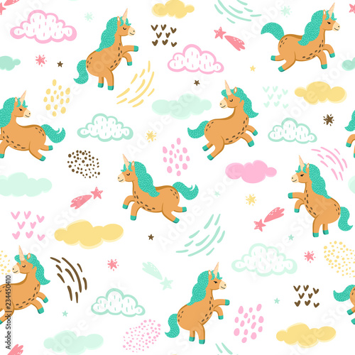 Fototapeta Naklejka Na Ścianę i Meble -  Seamless pattern with cute brown unicorns, clouds, stars and other hand drawn elements. Magic background with little unicorns jumping in the sky. Adorable wallpaper in the childish style. Vector