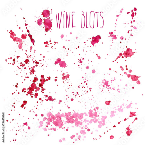 Wine splashes - vector watercolor illustration. Wine splash isolated on white background, hand draw wine splashes and spray