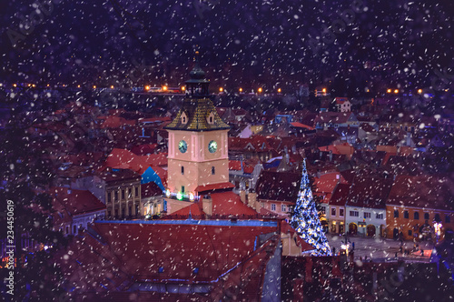 The City hall building and Christmas tree in the center of Brasov