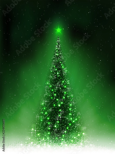 Christmas dark green card with shiny Christmas tree,