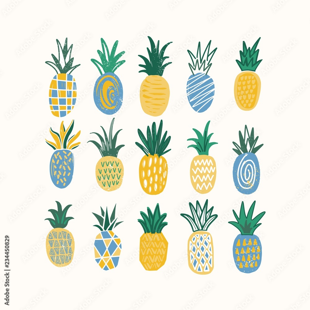 Set of stylized pineapples of various texture isolated on white background. Bundle of tropical fresh juicy fruits. Colored hand drawn vector illustration in trendy doodle style for T-shirt print. Set of stylized pineapples of various texture isolated on white background. Bundle of tropical fresh juicy fruits. Colored hand drawn vector illustration in trendy doodle style for T-shirt print.