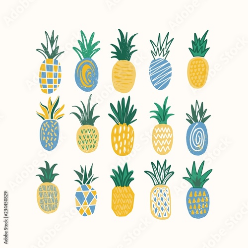 Set of stylized pineapples of various texture isolated on white background. Bundle of tropical fresh juicy fruits. Colored hand drawn vector illustration in trendy doodle style for T-shirt print.