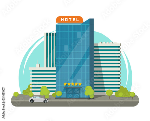 Hotel building tower isolated on city street vector illustration, hostel motel guest house flat cartoon modern skyscraper hotel building near road city landscape