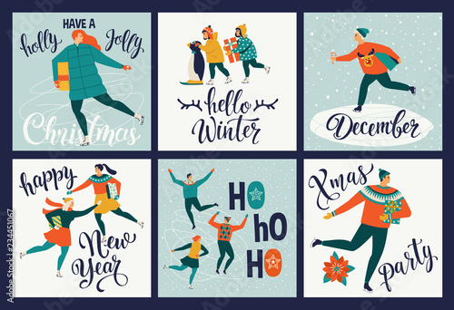 Collection of cute Merry Christmas and Happy New Year greeting cards. Set of hand drawn holiday posters templates, postcard design. Vector illustration.