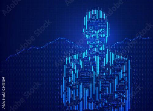 concept of stock market investment, shape of businessman combined with candlestick chart