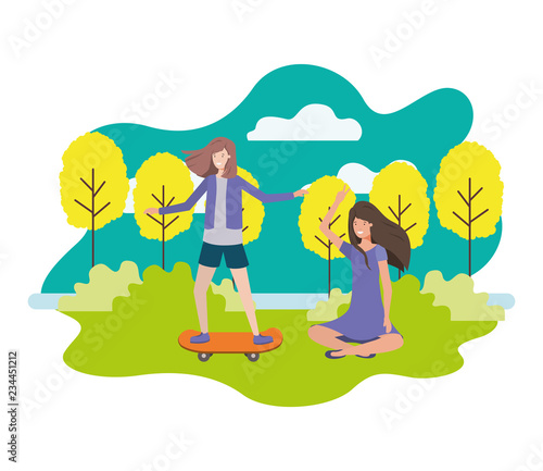woman practicing skateboarding and young woman sitting in the park