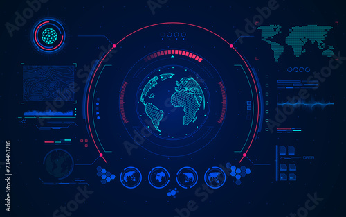 wireframe globe with digital radar interface, concept of communication technology
