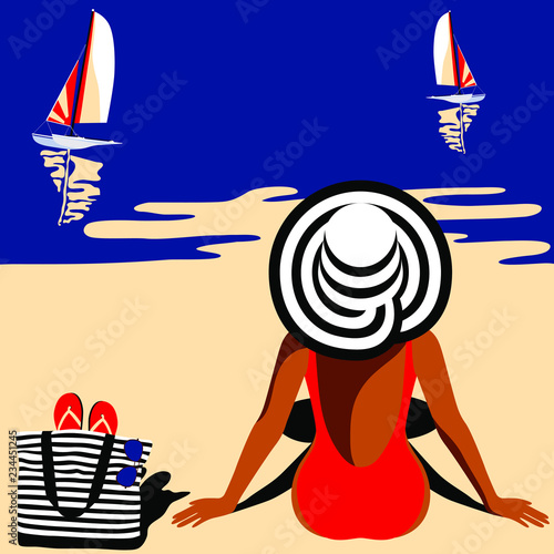 Elegant woman in hat sitting on the beach and looking at sea. Summer background, vogue style. Vector illustration