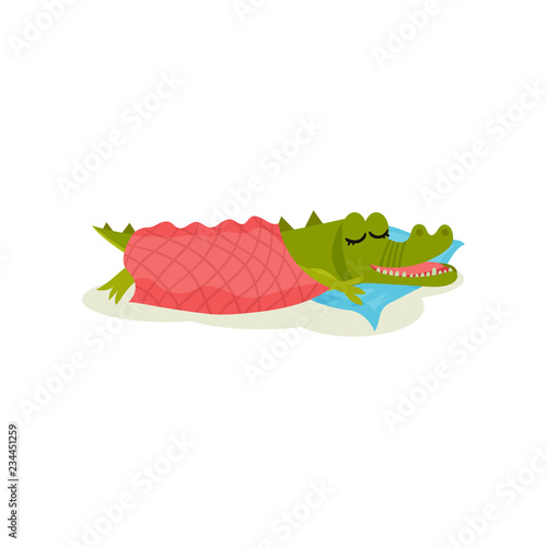 Cute green crocodile sleeping on pillow under warm blanket. Funny humanized animal. Flat vector design