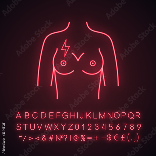 Breast pain neon light icon