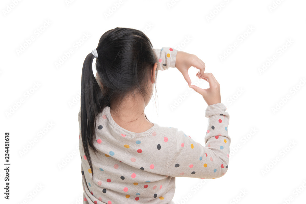 Cute kid southeast asian girl age 7 years in acting isolated on white